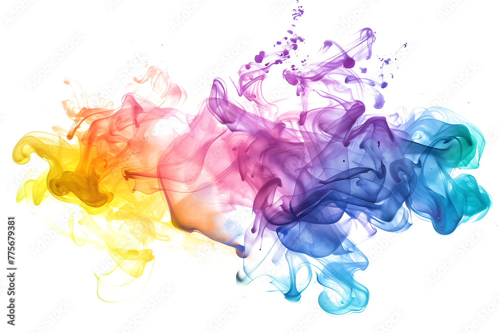Pastel rainbow watercolor paint swirl on transparent background.