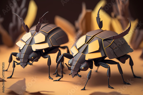 A paper-cut illustration of two rhinoceros beetles standing next to one another. Paper quilling and paper cutting. Papercraft is low-poly.