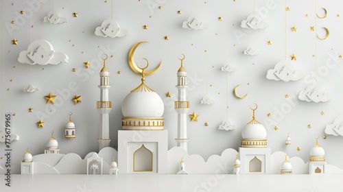 muslim festival eid mubarak banner with 3d crescent design white background photo