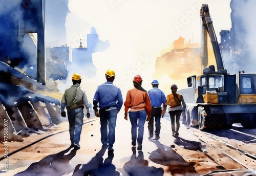  Labour Day watercolor, Group of workman in watercolor style photo