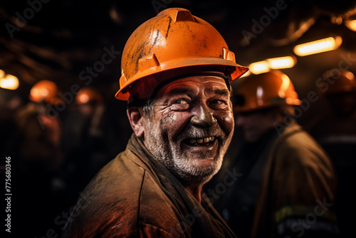Resilient Coal Miner at Work. A smiling coal miner wearing a dirty helmet with a headlamp. His face and clothes are covered in coal dust, indicating a long day of work underground. Generative AI © Dima