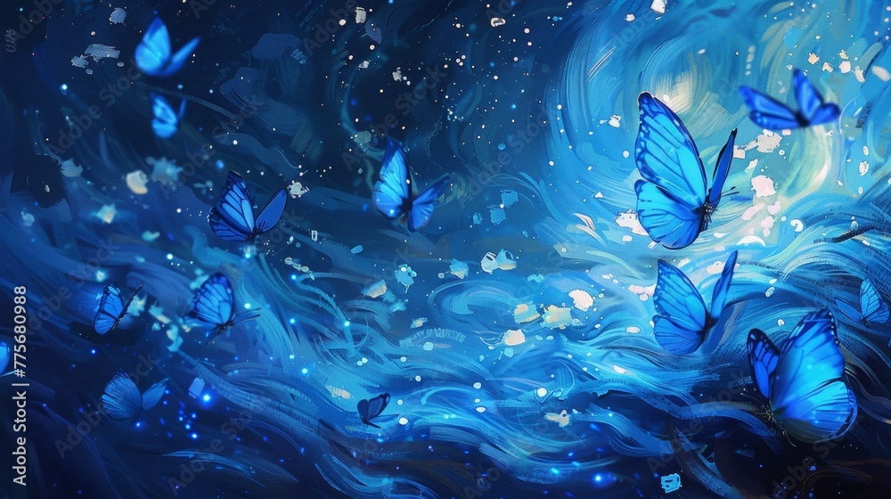 Obraz premium minimalist starry night in a completely blue and vibrant universe with blue butterflies