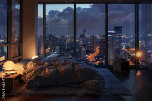 High bedroom overlooking the city at night, modern style with high bed and large window, warm lighting in black tones for the interior design