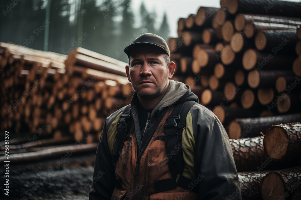 Fototapeta premium Lumberjack at Work in the Forest. Generative AI