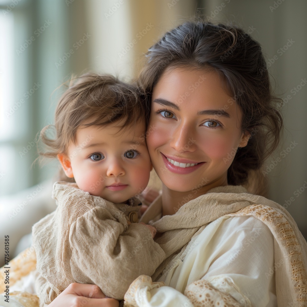 A contented mother cuddles her charming child at home. A contented mother cuddles her charming child at home.