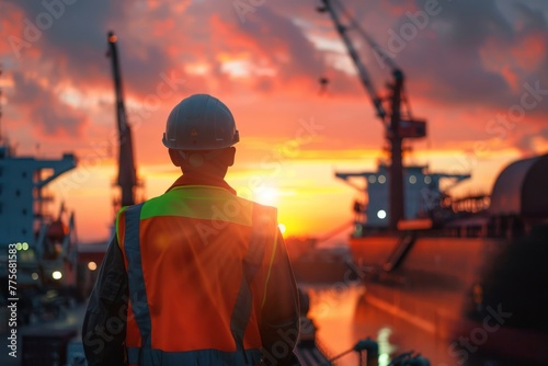 Back view of an engineer wearing a safety vest and helmet standing at a steel factory yard with cranes, containers, and a raw iron seamless background with sunset light with a bokeh effect