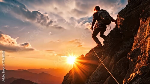 A man braving the elements as he climbs up the side of a mountain during a captivating and awe-inspiring sunset, Silhouette of Rock Climber at Sunset, AI Generated photo