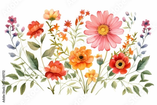 watercolor of zinnia clipart in bold and vibrant colors. flowers frame, botanical border, An illustration for printing design, textile, scrapbooking. Isolated on white background. photo