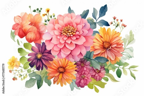 watercolor of zinnia clipart in bold and vibrant colors. flowers frame, botanical border, An illustration for printing design, textile, scrapbooking. Isolated on white background. © JR BEE