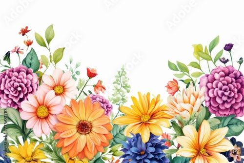 watercolor of zinnia clipart in bold and vibrant colors. flowers frame, botanical border, An illustration for printing design, textile, scrapbooking. Isolated on white background.
