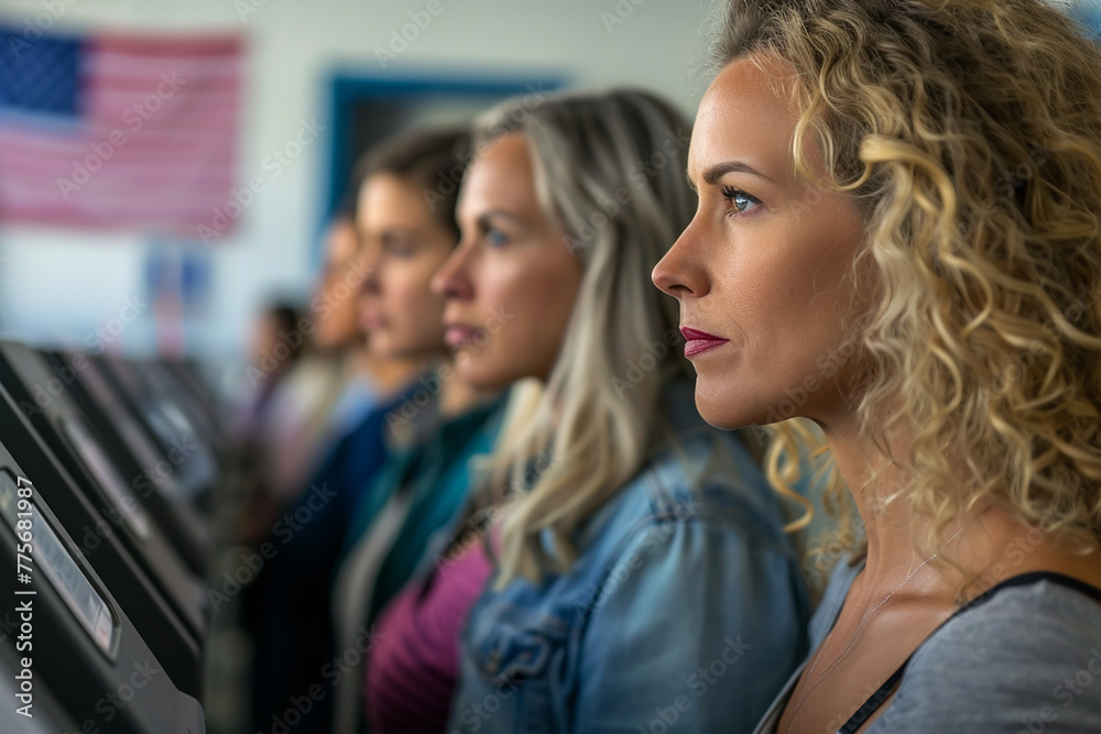 Four women of various demographics, young blonde woman in front, filling in ballots and casting votes in booths at polling station, US flag on wall at back Four women of various demographics, young blonde woman in front, filling in ballots and casting votes in booths at polling station, US flag on wall at back