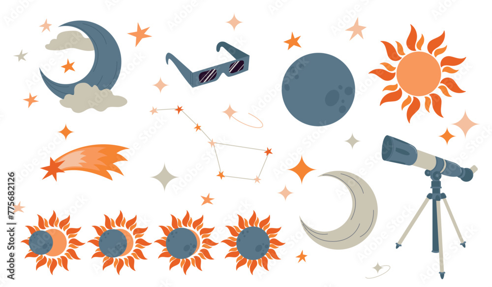 Solar eclipse set, astronomy concept. Illustration of solar eclipse stages, moon, sun, telescope isolated on white background. Vector design element for project, banner, invitation - obrazy, fototapety, plakaty 