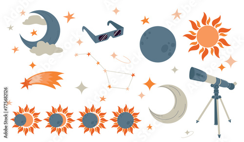 Solar eclipse set, astronomy concept. Illustration of solar eclipse stages, moon, sun, telescope isolated on white background. Vector design element for project, banner, invitation
