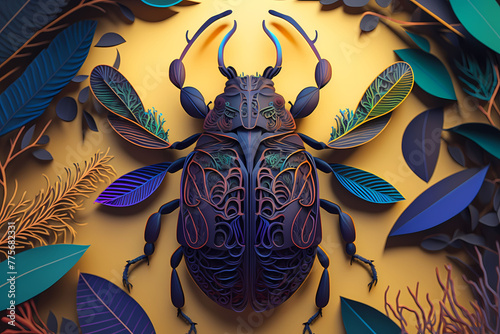 A paper craft diorama that features a stag beetle perched on a leaf pile. photo