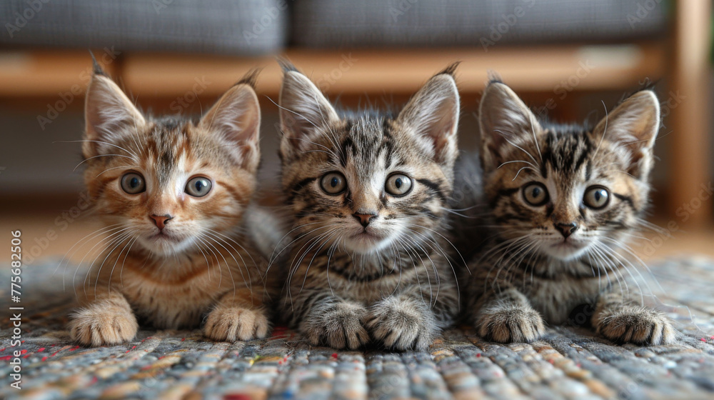 Three cute cats of different sizes playing together. Cats, kittens, playing.