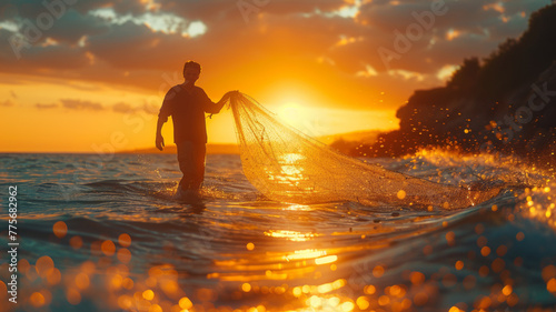 fisherman with a fishing net at sunrise,generative ai