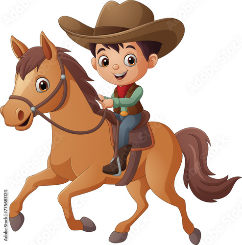 Cartoon young cowboy riding on a horse
