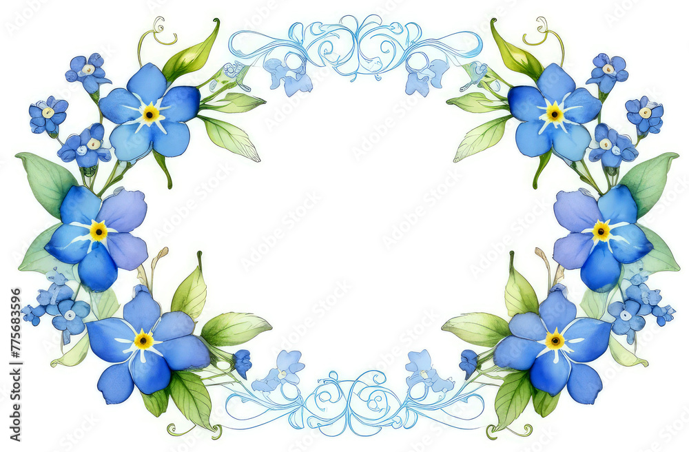 Watercolor frame made of blue forget-me-nots with free space for text, card,border