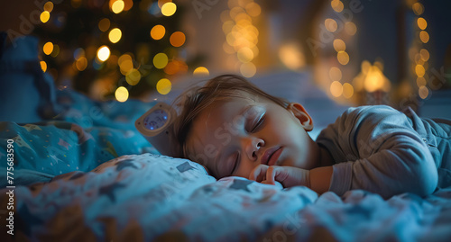 Parent checking on sleeping baby through a night-vision baby monitor,generative ai