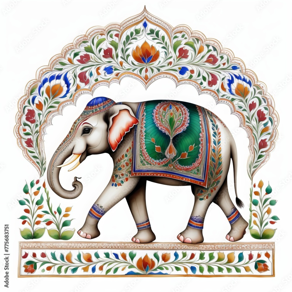 Obraz premium Pattern Mughal peacock elephant painting on a white background