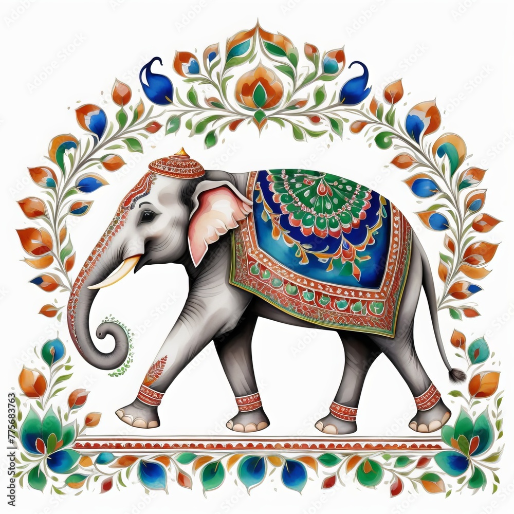 Obraz premium Pattern Mughal peacock elephant painting on a white background