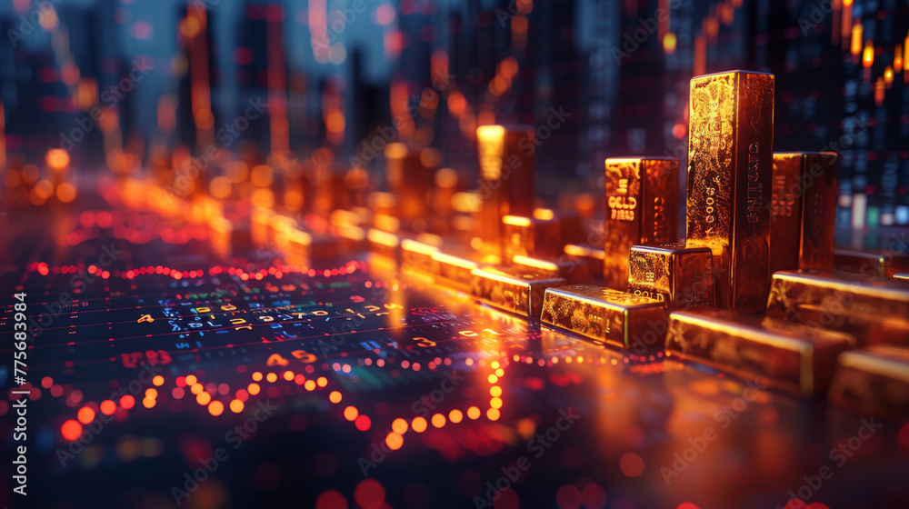 Fototapeta premium Arrangement of gold bars and rising stock charts, evoking the digital age of gold investment.