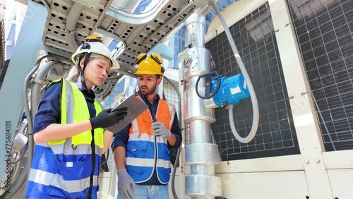 Female woman man male person people human report tablet check up engineer construction teamwork foreman factory labor talking speak discussion safety helmet occupation work job inspector architecture 