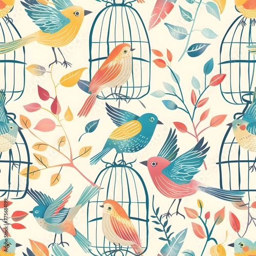Wallpaper Mural Cute cartoon birds in birdcages with flowers and leaves patterned background in pastel colors, seamless pattern Torontodigital.ca