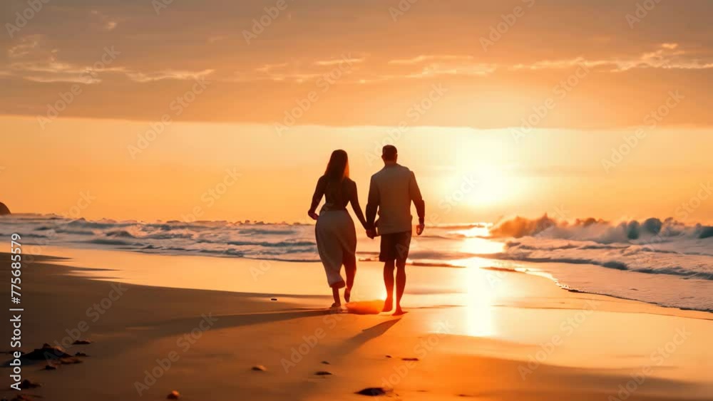 Silhouette of young couple holding hands and walking on the beach at sunset, A couple holding hands, walking along a sandy beach during sunrise, AI Generated Silhouette of young couple holding hands and walking on the beach at sunset, A couple holding hands, walking along a sandy beach during sunrise, AI Generated