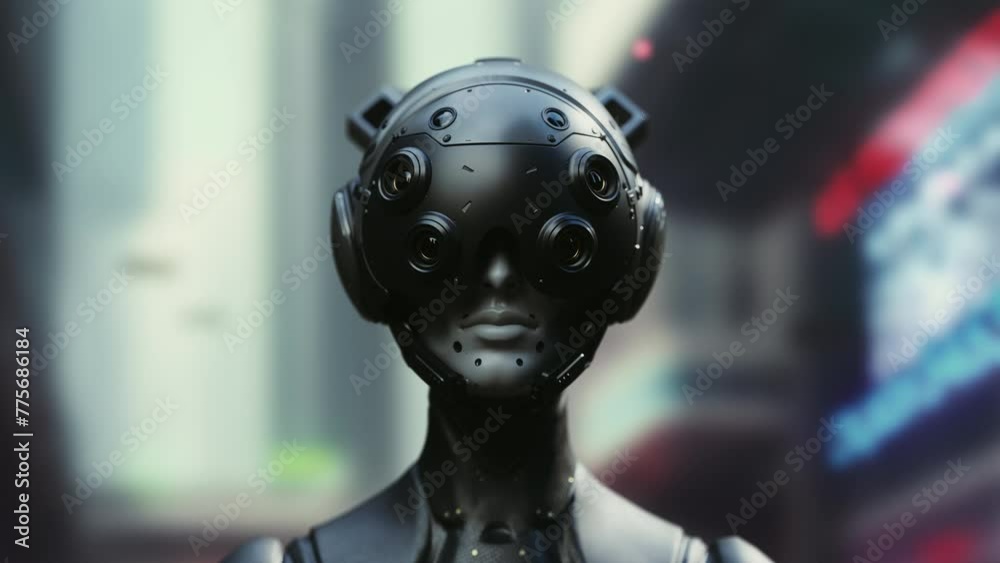 A female robot puts on a helmet with the effect of transformation, watches what is happening in the city of the future. the concept of artificial intelligence and technology A female robot puts on a helmet with the effect of transformation, watches what is happening in the city of the future. the concept of artificial intelligence and technology