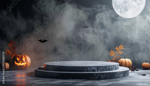 3d round podium with halloween pumpkin and soft smoke on black background, spooky halloween backdrop