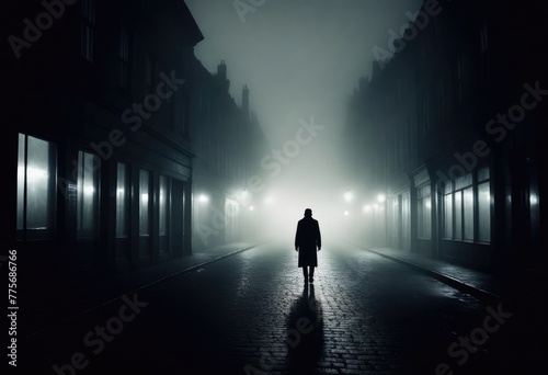 Night life on a rainy road in a city park with lanterns and trees. Dark romantic of a misty scenery