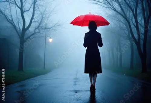 On a rainy day, a girl is holding a red umbrella, abandoned city background lonely