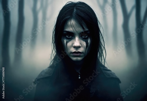 Scary female ghost in the mystical forest