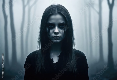 Scary female ghost in the mystical forest