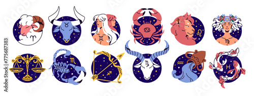 Twelve zodiac signs set. Round symbols of astrology horoscope: Aries, Taurus, Gemini, Leo, Virgo, Pisces. Abstract stars constellation calendar. Flat isolated vector illustration on white background © Paper Trident