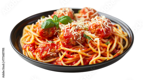 Delicious spaghetti and meatballs with cheese isolated on white background