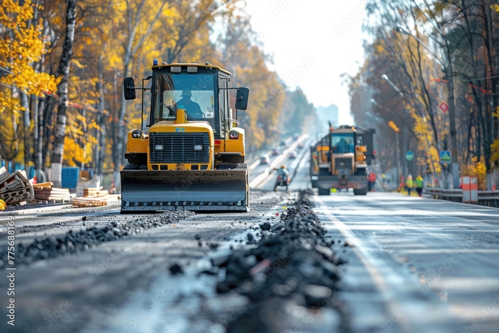 Yellow Road Grader Working on a New Asphalt Road Surface with Trees in the Background
