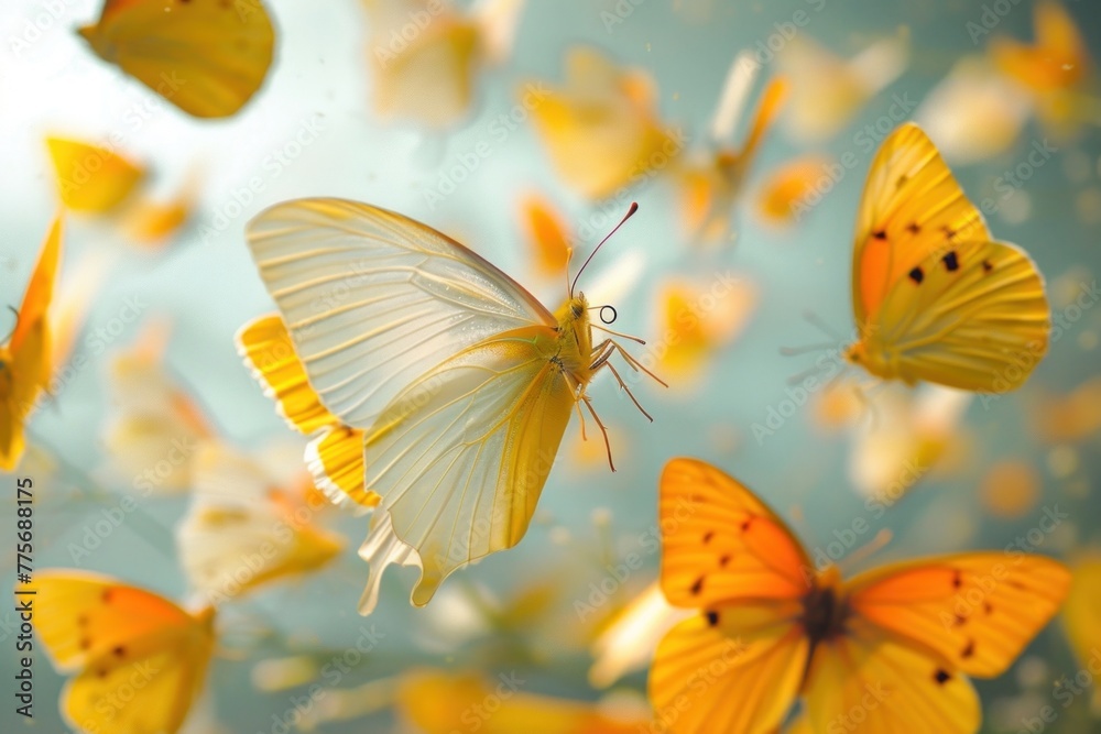 Graceful yellow butterflies fluttering in a sunlit meadow, creating a mesmerizing natural spectacle. Graceful yellow butterflies fluttering in a sunlit meadow, creating a mesmerizing natural spectacle.