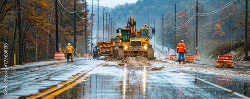 Road construction and repair in rain with machinery and workers in reflective gear photo