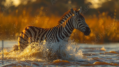 A zebra run across ponds,golden hour,generative ai