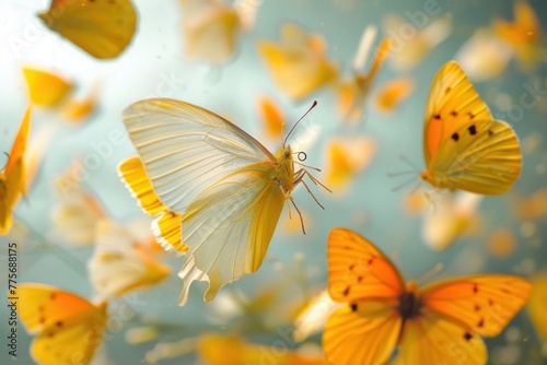 Graceful yellow butterflies fluttering in a sunlit meadow, creating a mesmerizing natural spectacle.