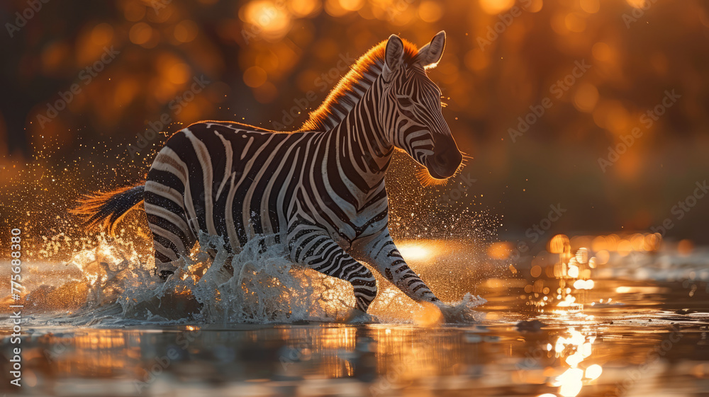 A zebra run across ponds,golden hour,generative ai - obrazy, fototapety, plakaty 