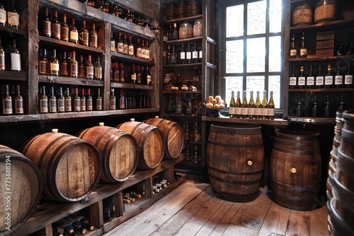 Rustic wine cellar with wooden barrels and shelves of wine bottles in perspective view © ЮРИЙ ПОЗДНИКОВ