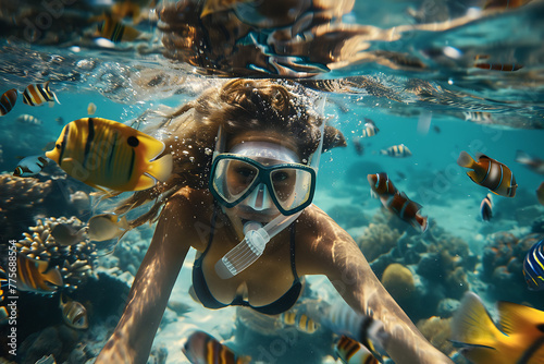  girl in snorkeling mask dives gracefully underwater, exploring the vibrant marine world, perfect for travel and vacation concepts © River Girl