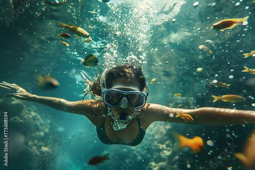  girl in snorkeling mask dives gracefully underwater, exploring the vibrant marine world, perfect for travel and vacation concepts