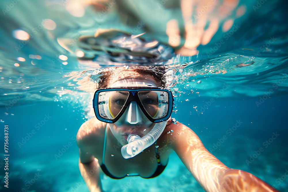 Naklejka premium girl in snorkeling mask dives gracefully underwater, exploring the vibrant marine world, perfect for travel and vacation concepts
