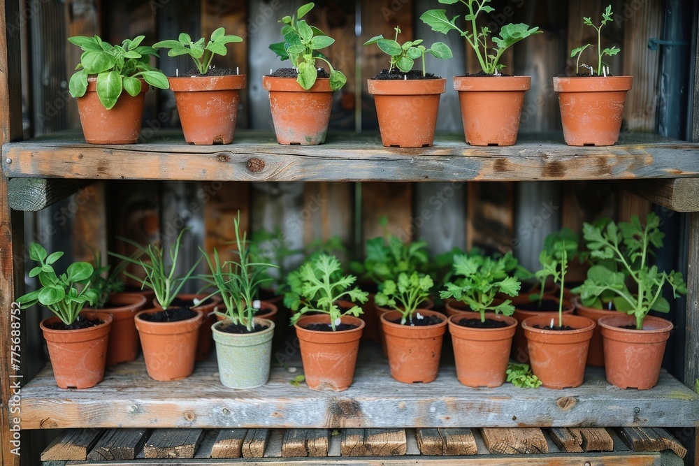 Small pots with various green plants on wooden shelves against a light wall background