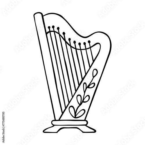 Harp sketch in doodle style. Music instrument lyra hand drawn vector.