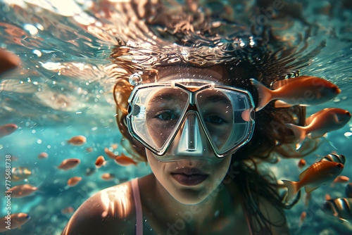  girl in snorkeling mask dives gracefully underwater, exploring the vibrant marine world, perfect for travel and vacation concepts